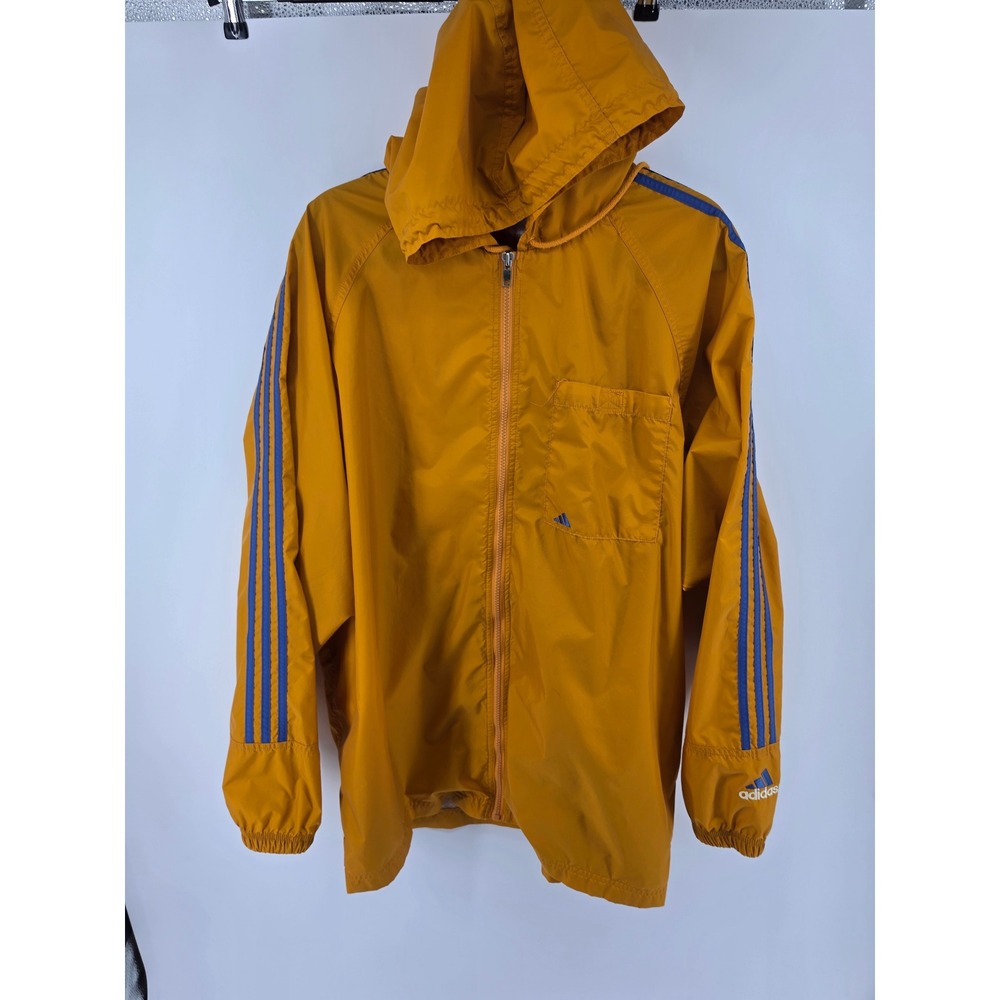 Adidas Vintage Mustard Yellow Windbreaker Jacket Mens XL Blue Stripes Hooded